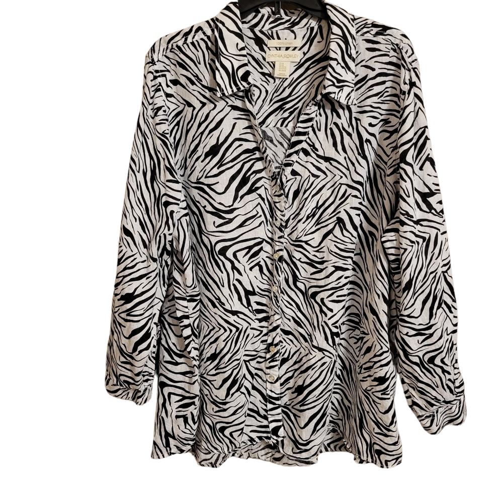 Cynthia Rowley Linen Zebra Print Button Up Blouse